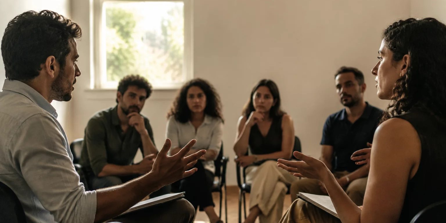 Duas pessoas conversando de pé entre as estantes de uma biblioteca